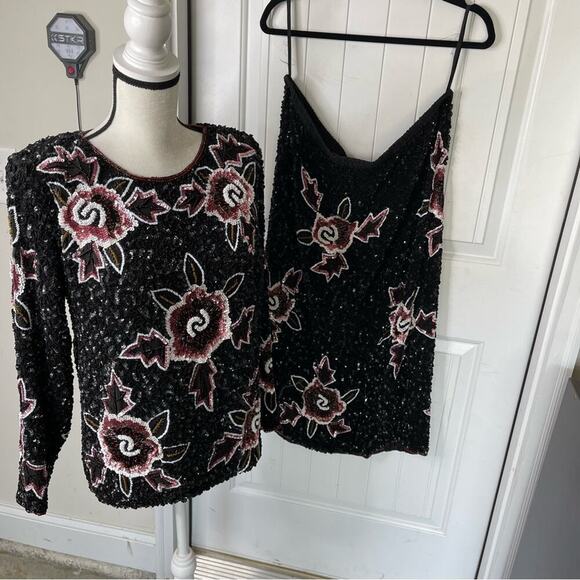 Vintage 2 piece set sequin beaded floral‎ embellished skirt and top size XL